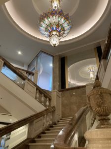 Stairs and chandelier